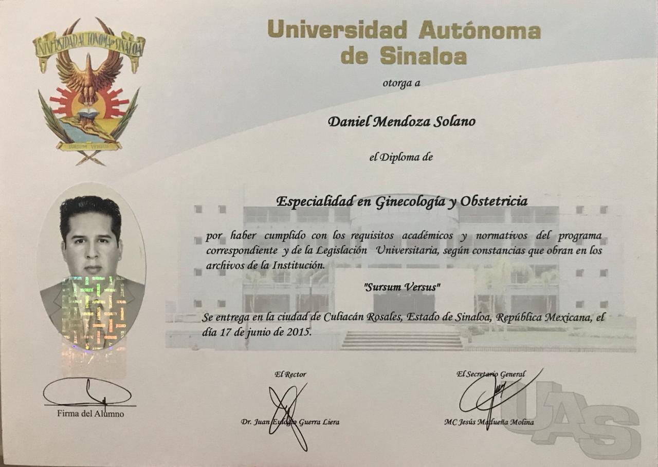 Diploma Especialidad Ginecología y Obstetricia UAS